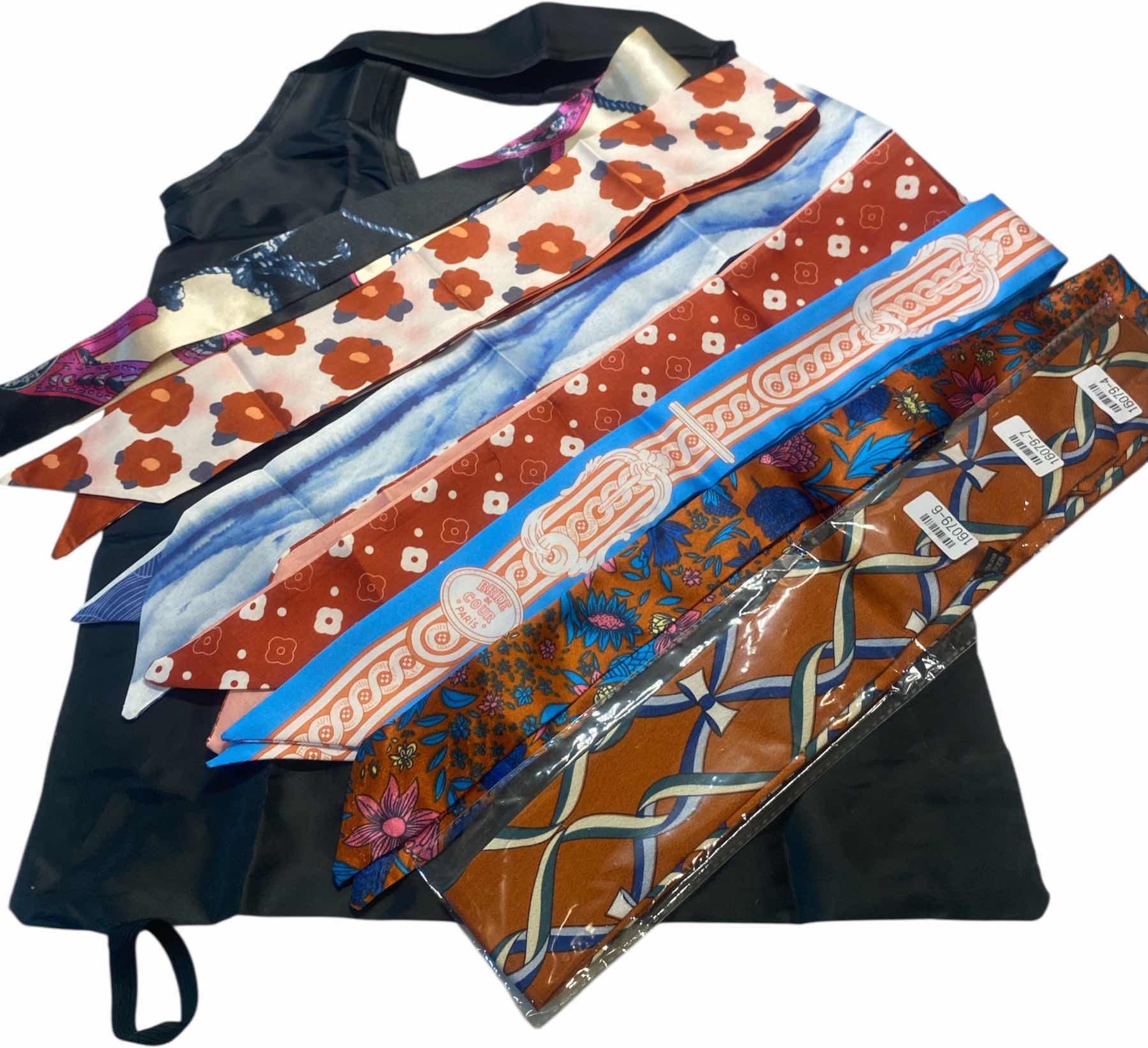 Photo 1 of NEW - 7 HAIR/ HEAD/ HATBAND SCARFS WITH BLACK REUSEABLE NYLON BAG