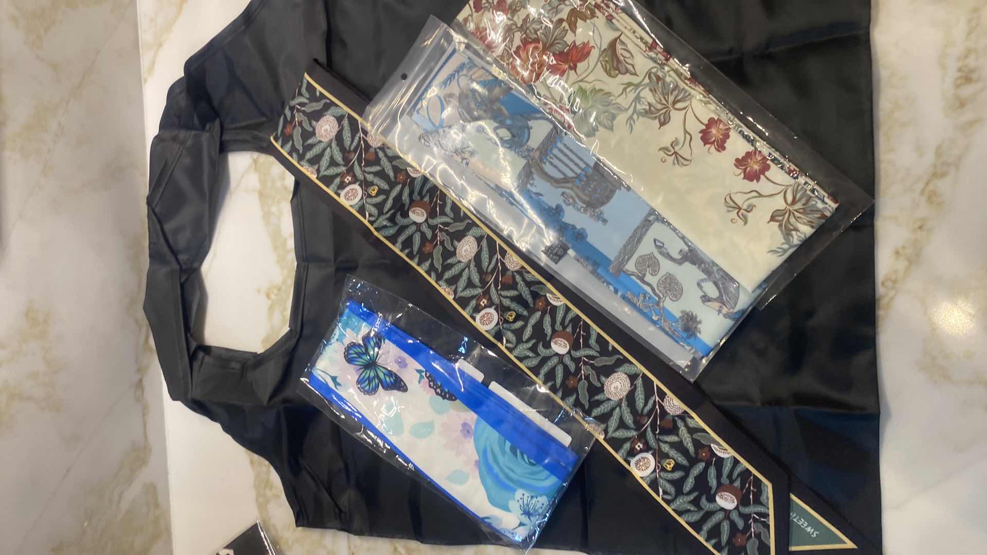 Photo 1 of NEW - 4 HAIR/ HEAD/ HATBAND SCARFS WITH BLACK REUSEABLE NYLON BAG