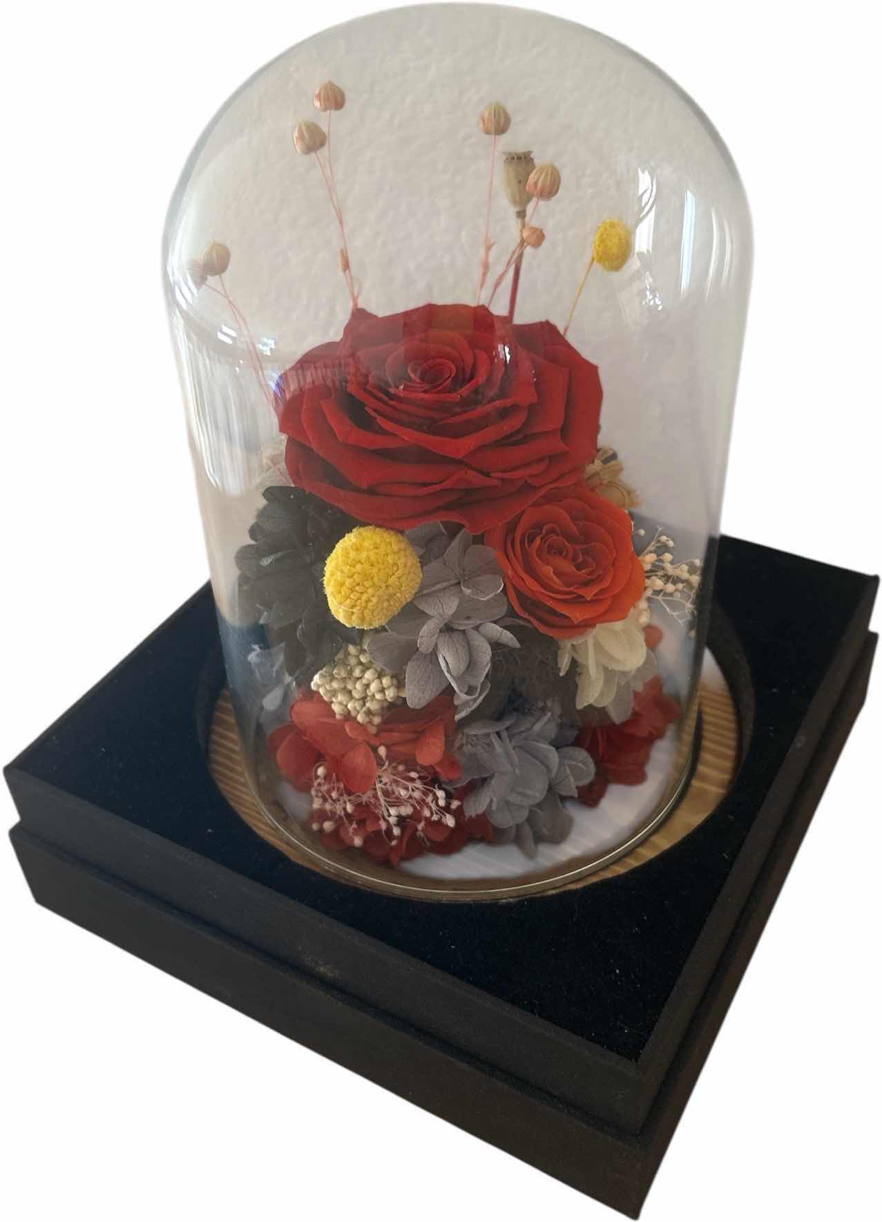 Photo 1 of ETERNAL FLOWER, PRESERVED ROSE AND FLOWERS IN GLASS DOME H9”