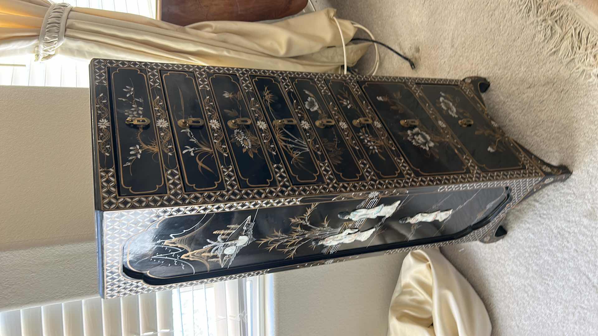 Photo 1 of CHINESE BLACK LACQUERED INLAID JEWELRY CABINET 14” x 10 1/2” x H40”