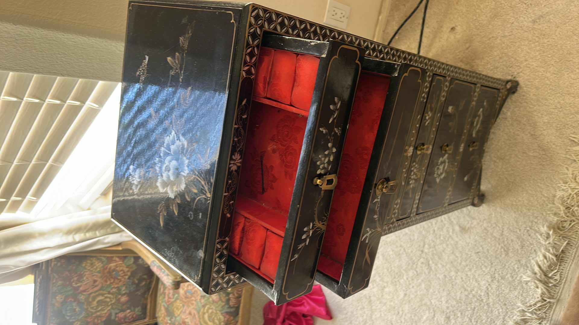 Photo 1 of CHINESE BLACK LACQUERED INLAID JEWELRY CABINET 14” x 10 1/2” x H40”