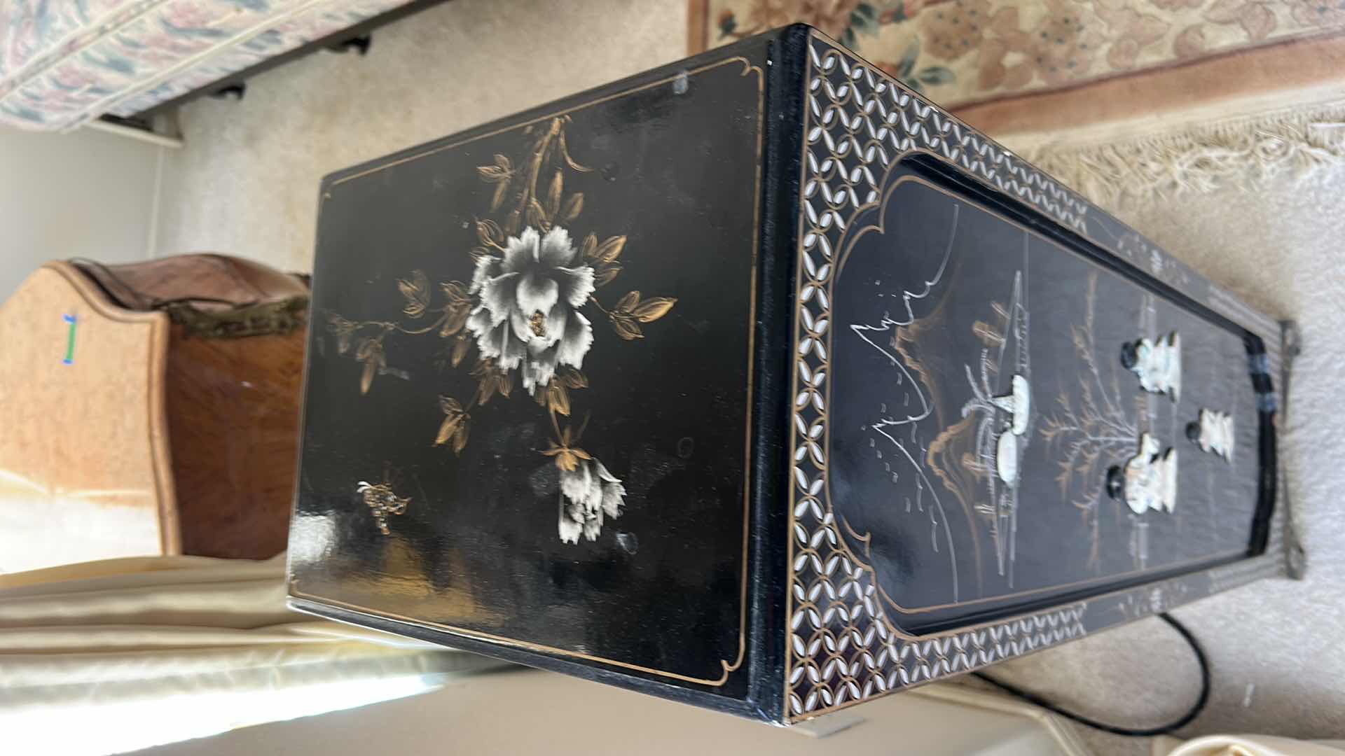 Photo 1 of CHINESE BLACK LACQUERED INLAID JEWELRY CABINET 14” x 10 1/2” x H40”