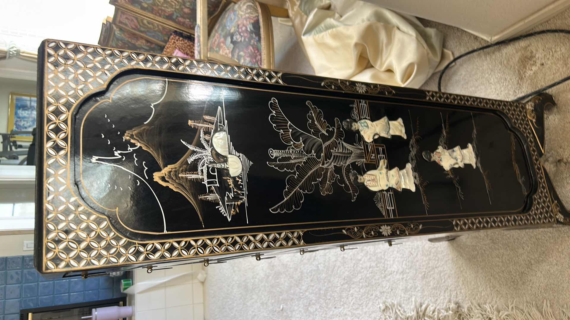 Photo 1 of CHINESE BLACK LACQUERED INLAID JEWELRY CABINET 14” x 10 1/2” x H40”