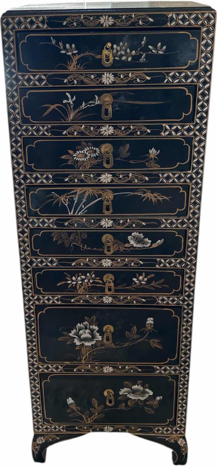 Photo 1 of CHINESE BLACK LACQUERED INLAID JEWELRY CABINET 14” x 10 1/2” x H40”