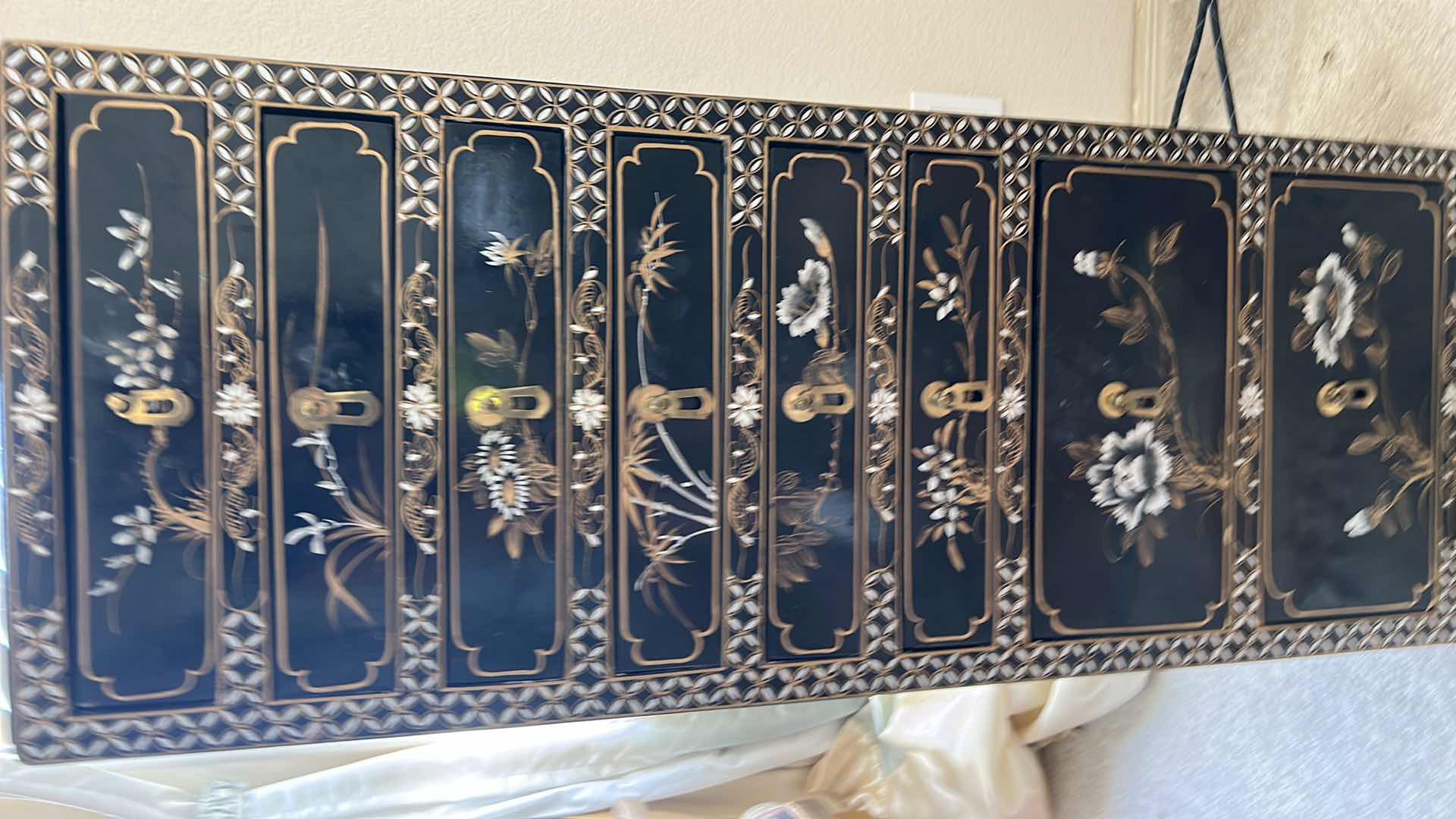Photo 1 of CHINESE BLACK LACQUERED INLAID JEWELRY CABINET 14” x 10 1/2” x H40”