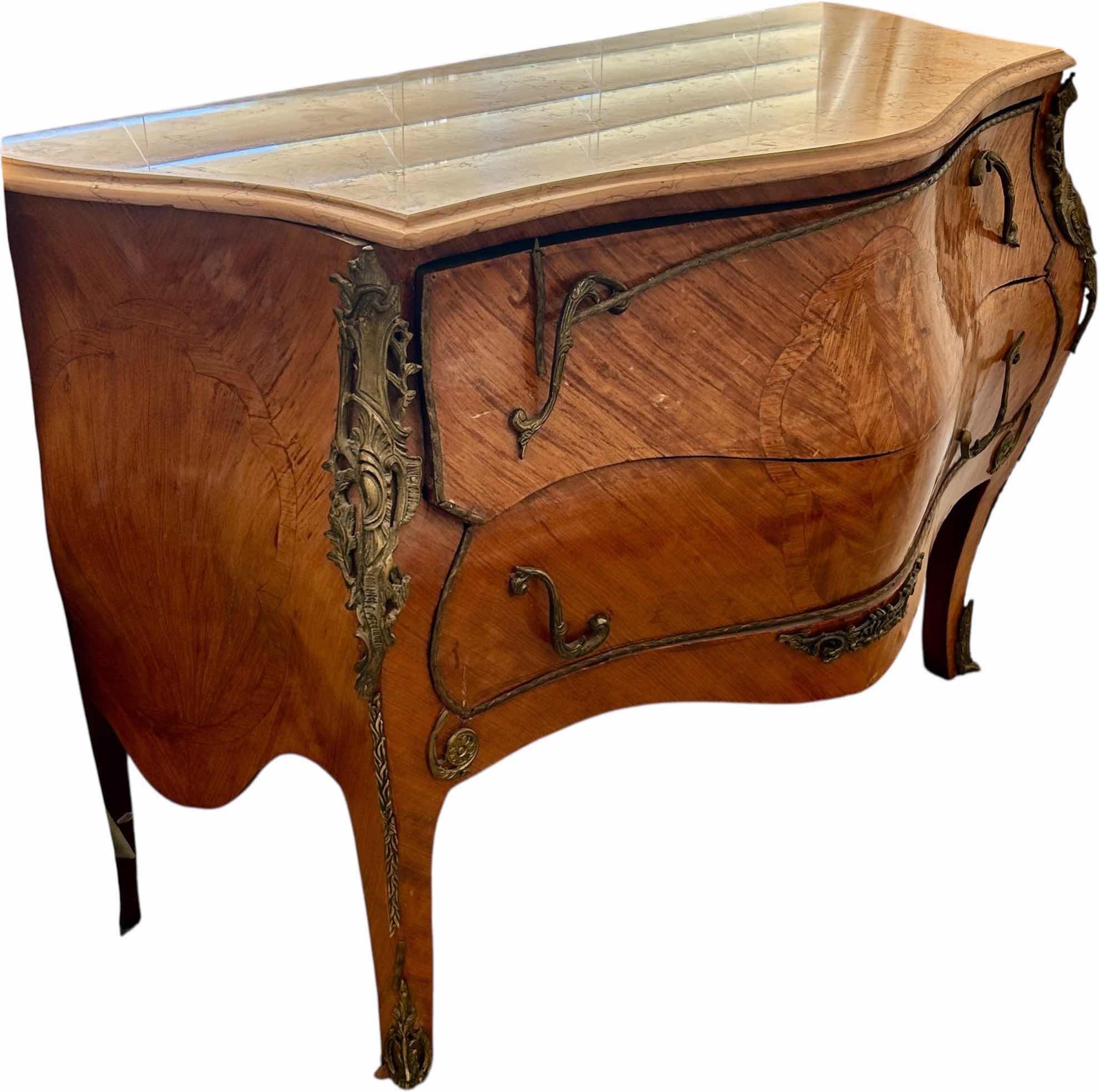 Photo 1 of ANTIQUE FRENCH LOUIS XVI MARBLE TOP BRASS ORMOLU POTBELLY BOMBE COMMODE CHEST 49“ x 22“ x H32“