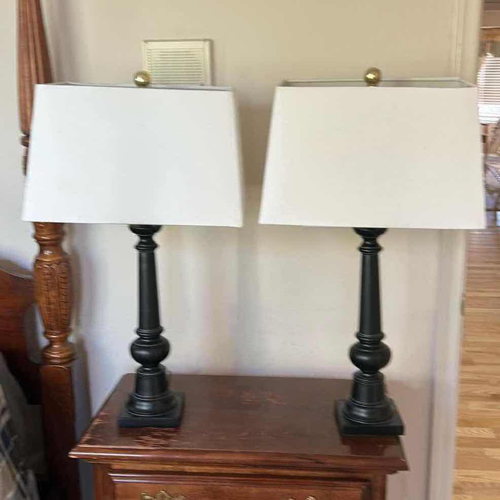 Photo 1 of 2 BLACK TABLE LAMPS WITH WHITE SHADES H29”