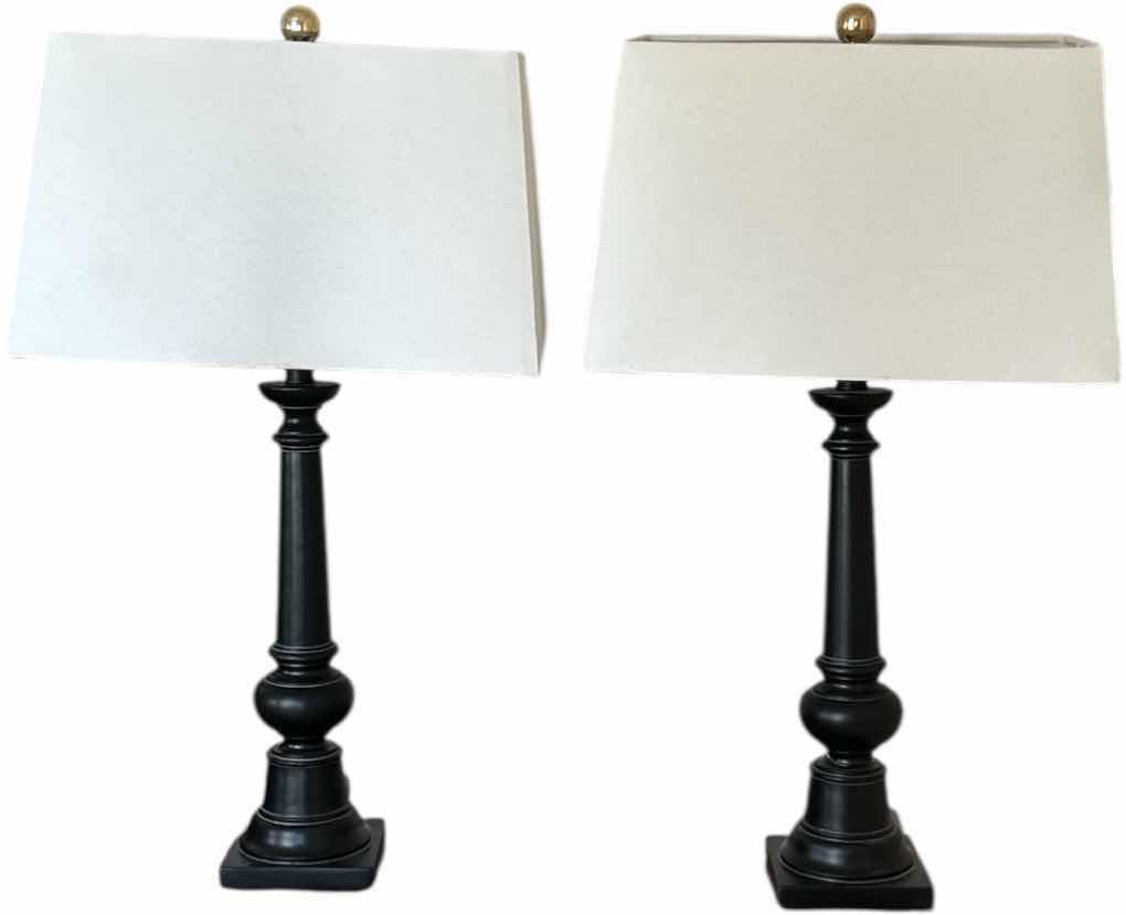 Photo 1 of 2 BLACK TABLE LAMPS WITH WHITE SHADES H29”