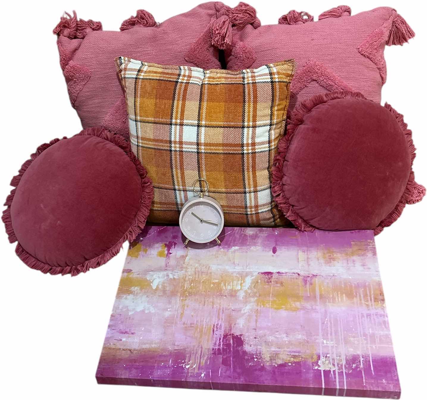 Photo 1 of PINK AND ORANGE TOSS PILLOWS, ART ON CANVAS  24” x 16” AND CLOCK