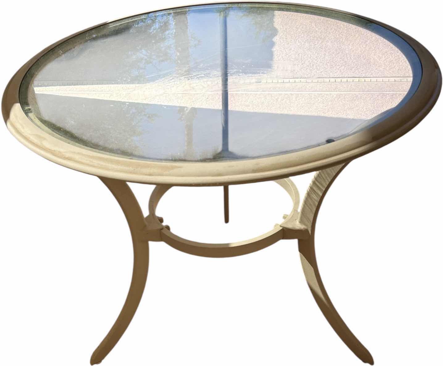 Photo 1 of OUTDOOR METAL GLASS TOP TABLE 31 1/2“ x H28“