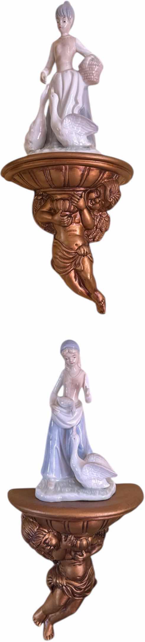 Photo 1 of 4- ANGEL RESIN SHELVES AND CERAMIC GIRL FEEDING DUCKS FIGURINES 
H16”