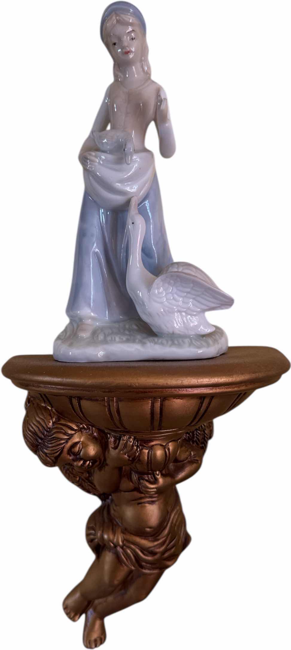 Photo 1 of 4- ANGEL RESIN SHELVES AND CERAMIC GIRL FEEDING DUCKS FIGURINES 
H16”