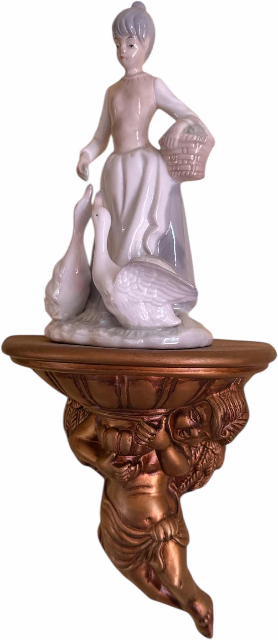 Photo 1 of 4- ANGEL RESIN SHELVES AND CERAMIC GIRL FEEDING DUCKS FIGURINES 
H16”