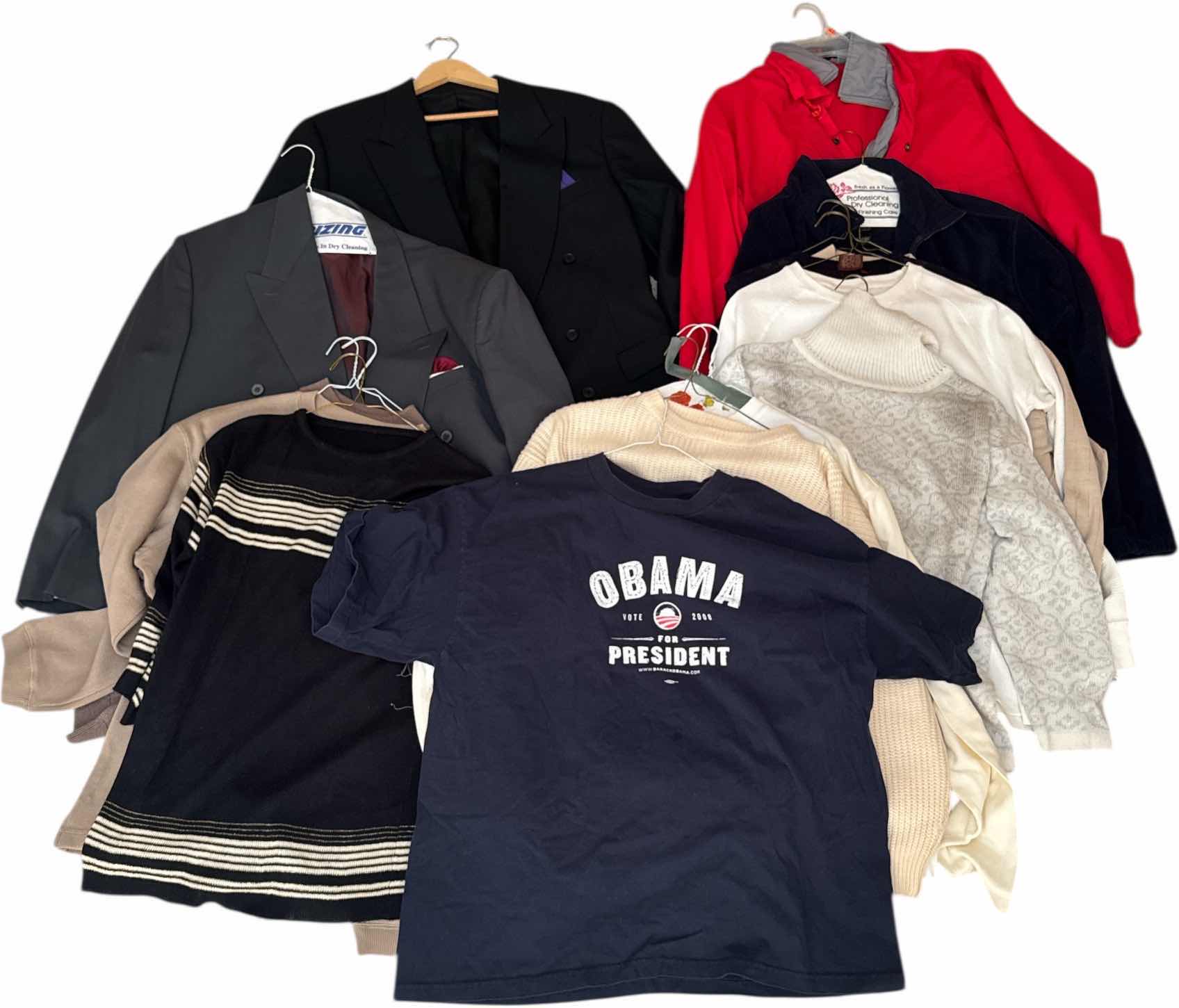 Photo 1 of 14- MENS CLOTHING SUIT JACKETS, SWEATERS AND SHIRTS SIZE LARGE AND X LARGE