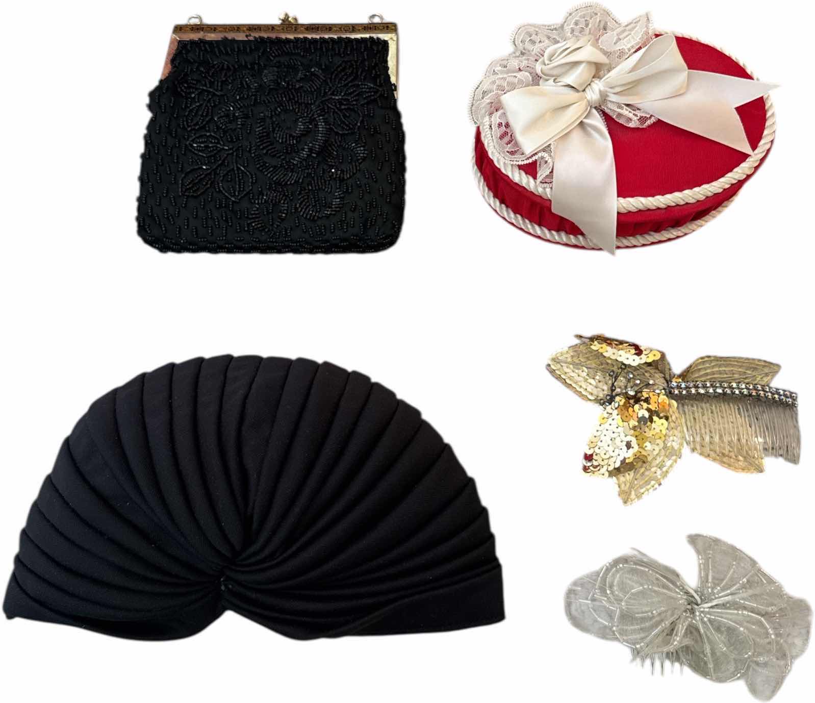 Photo 1 of 12- VINTAGE WOMENS ACCESSORIES, CLUTCH SMALL GLOVES HEAD COVER HAIRCOME & JEWELRY BOX