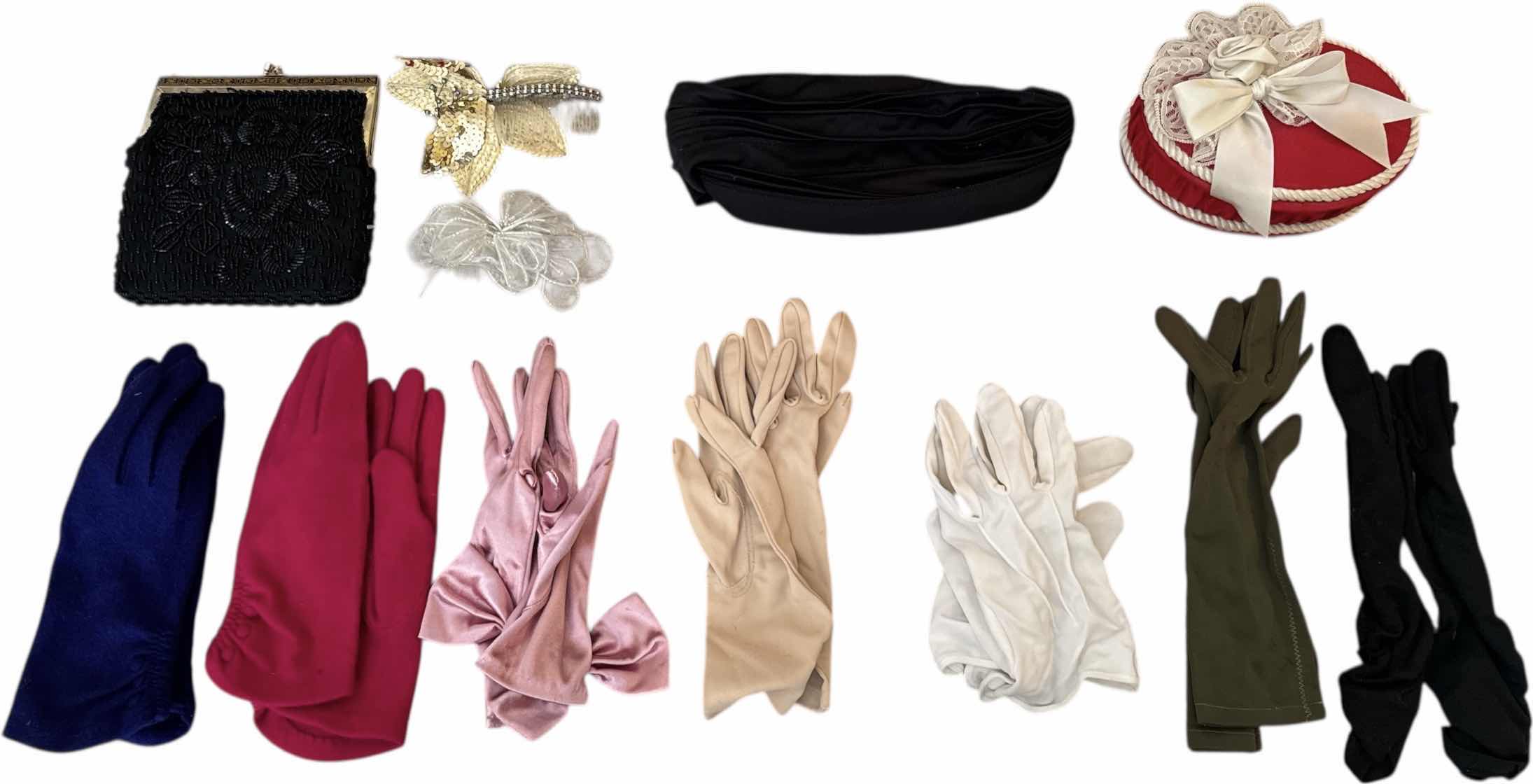 Photo 1 of 12- VINTAGE WOMENS ACCESSORIES, CLUTCH SMALL GLOVES HEAD COVER HAIRCOME & JEWELRY BOX