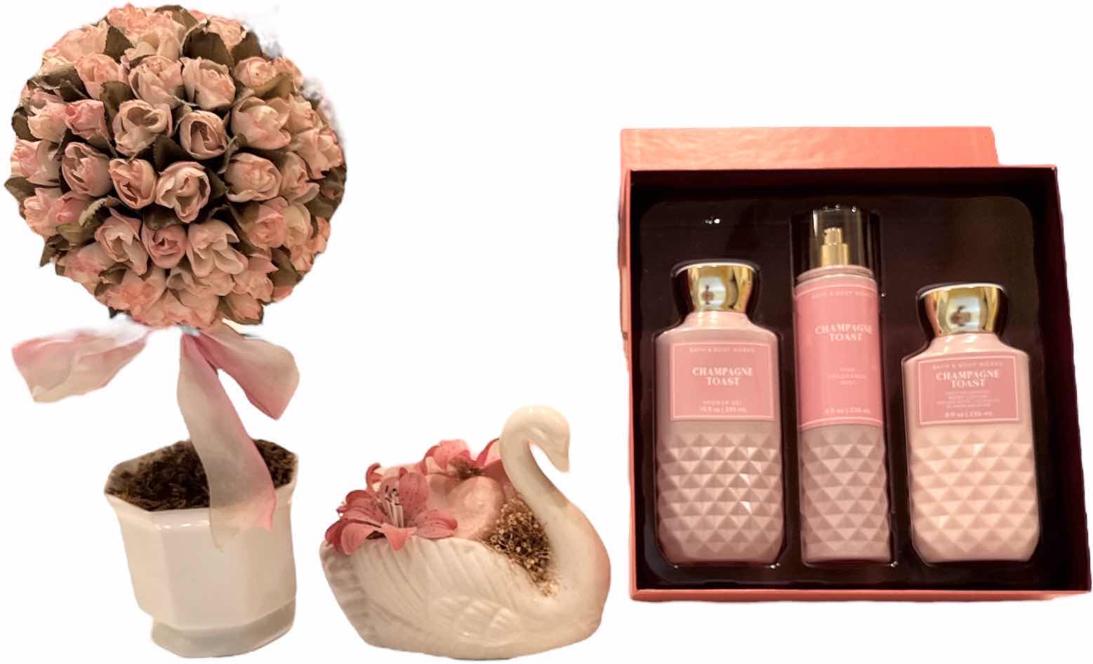 Photo 1 of 3- BATH AND BODY WORKS CHAMPAGNE TOAST SHOWER GEL MIST AND BODY LOTION, CERAMIC FLOWER TREE AND SWAN