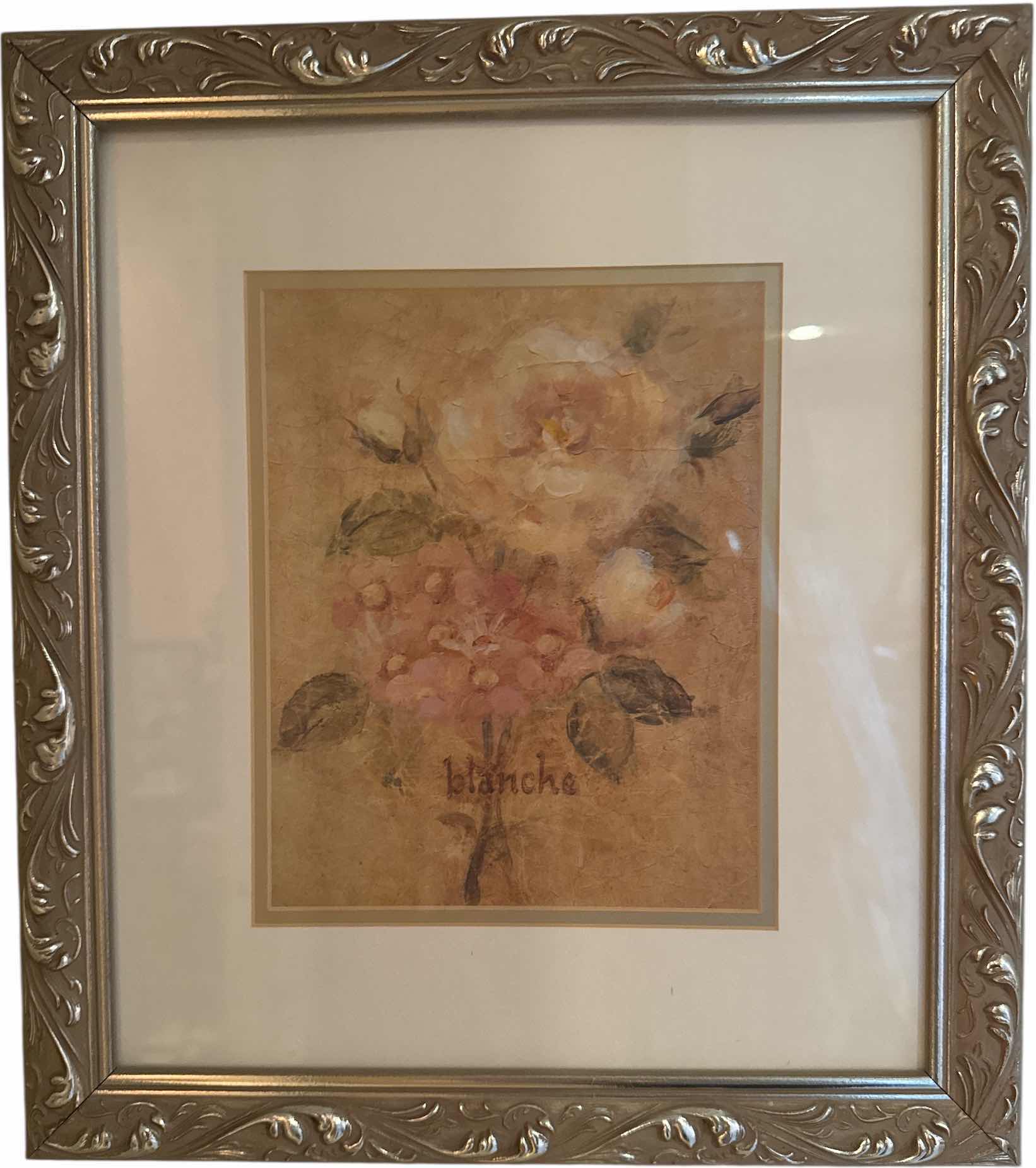 Photo 1 of 2- VINTAGE RESIN FRAMED FRENCH BLANCHE FLORAL STILL LIFE PRINT GOLD TONES 
W15.5” X L17”