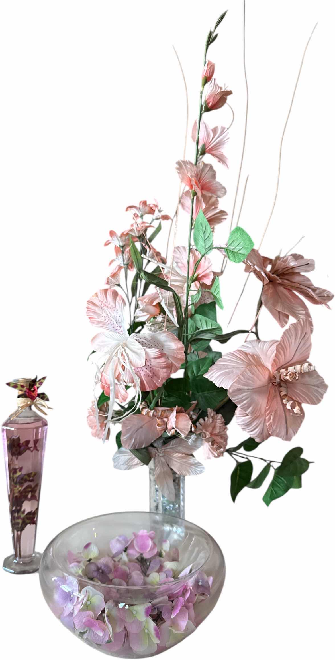 Photo 1 of 3-VINTAGE DECORATIVE ARTIFICIAL FLOWER ARRANGEMENT, FLOWERS IN GLASS DECORATIVE BOTTLE, GLASS BOWL
FLOWER ARRANGEMENT 
H25”