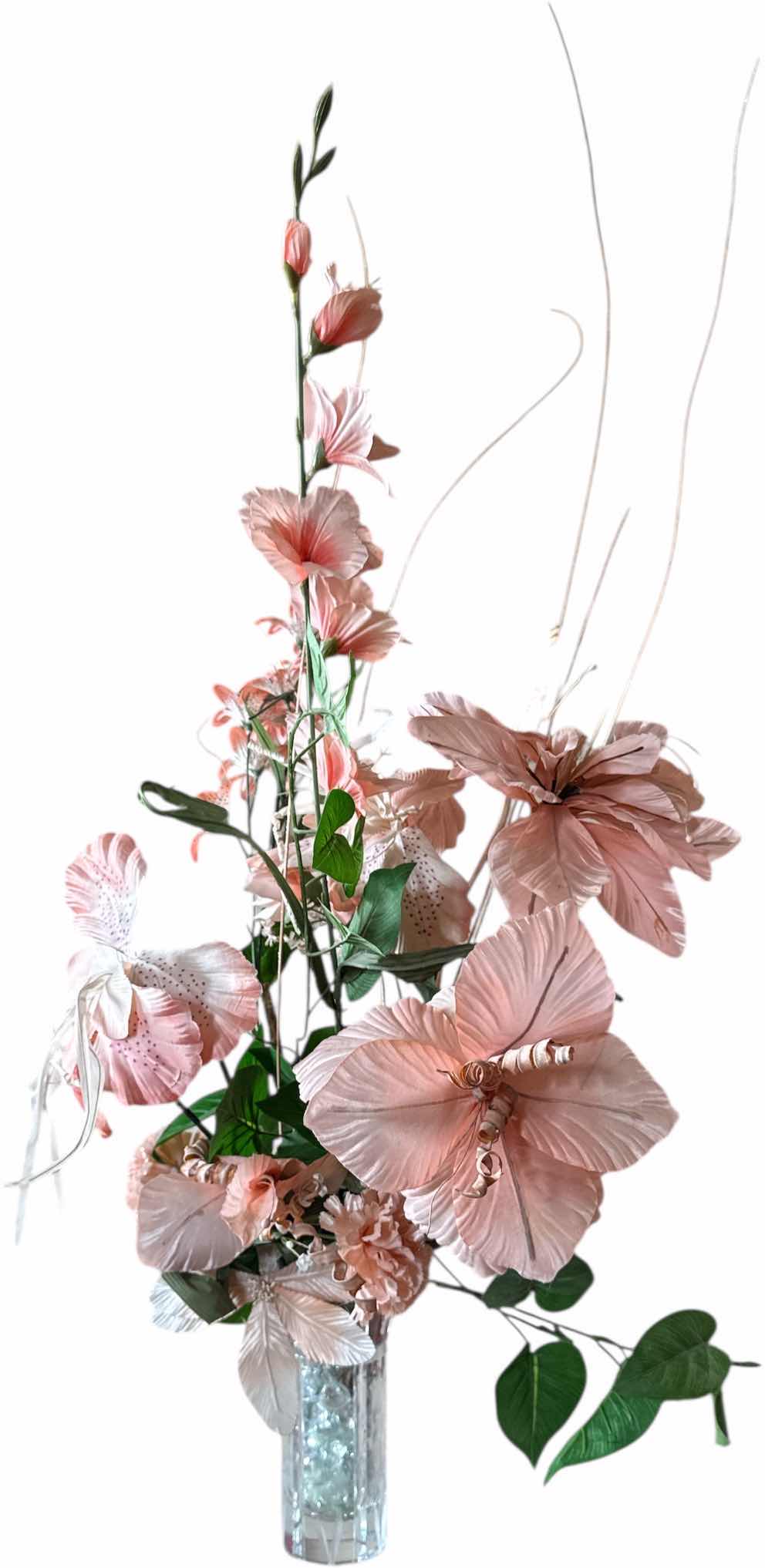 Photo 1 of 3-VINTAGE DECORATIVE ARTIFICIAL FLOWER ARRANGEMENT, FLOWERS IN GLASS DECORATIVE BOTTLE, GLASS BOWL
FLOWER ARRANGEMENT 
H25”