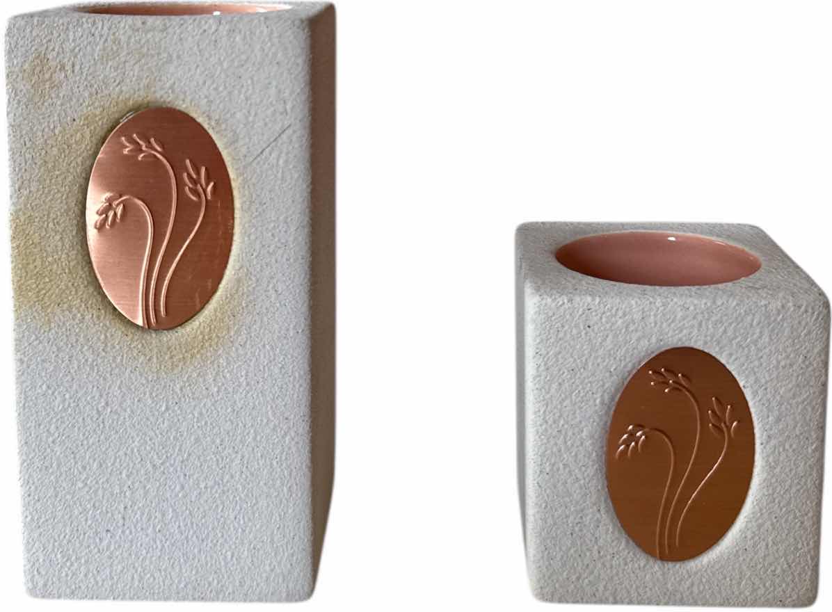 Photo 1 of 4- DECORATIVE CERAMIC CANDLE HOLDERS AND GOLD TONE GLASS VASE FLOWERS IN A BOTTLE
H15” AND SMALLER