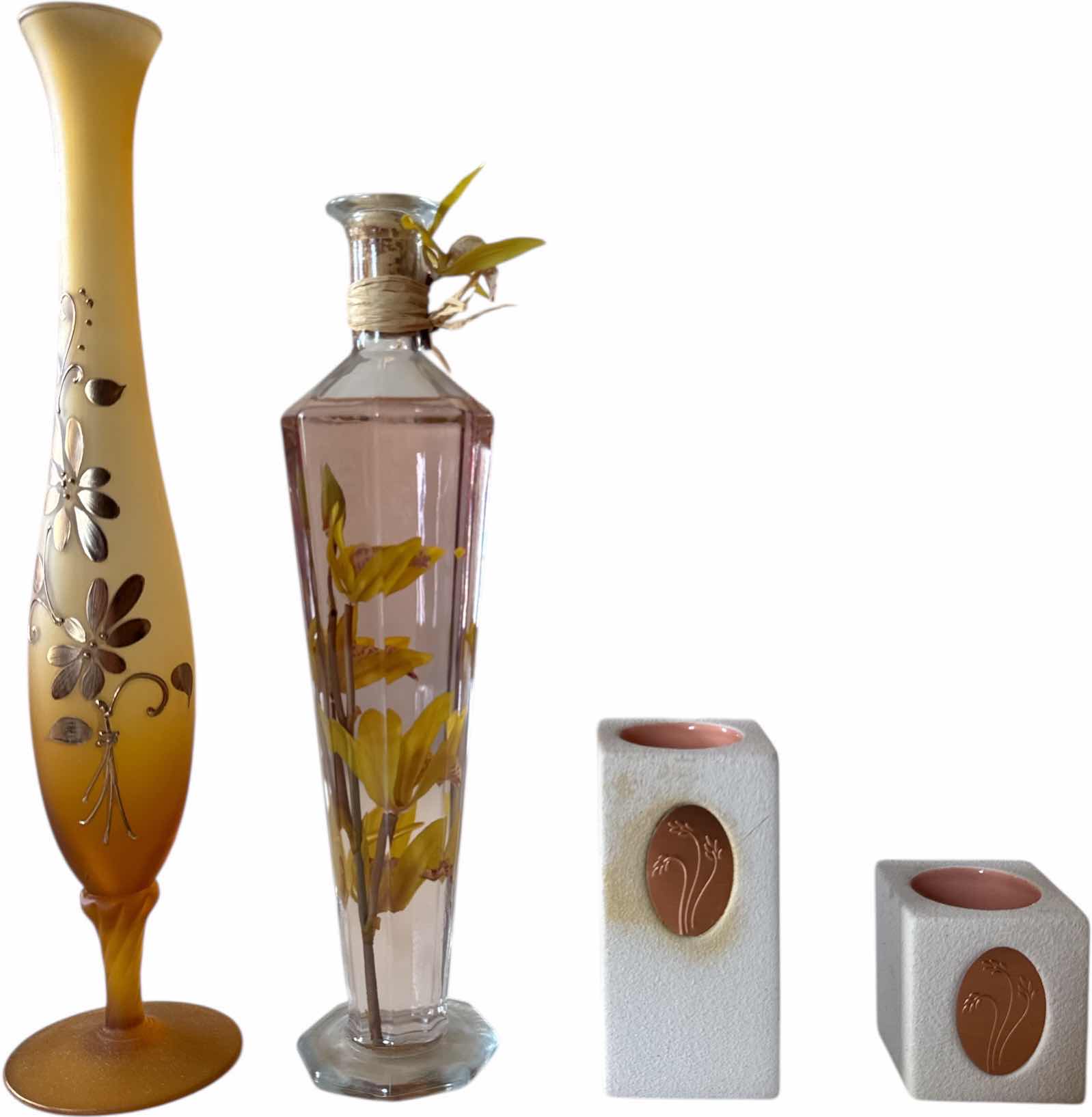 Photo 1 of 4- DECORATIVE CERAMIC CANDLE HOLDERS AND GOLD TONE GLASS VASE FLOWERS IN A BOTTLE
H15” AND SMALLER
