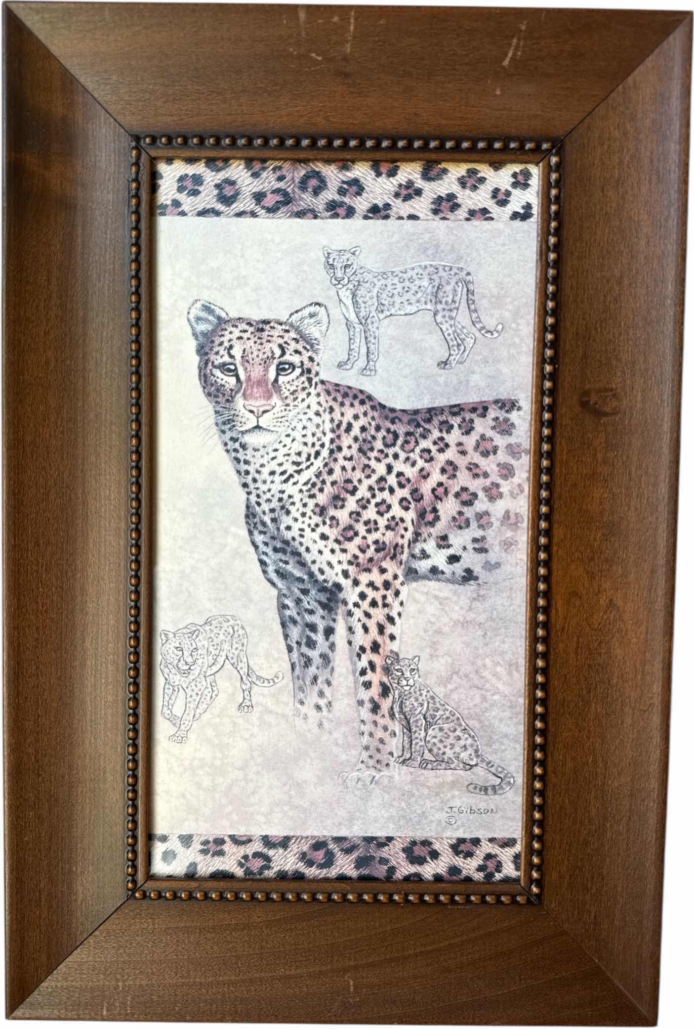 Photo 3 of 2- VINTAGE WOODEN FRAMED CHEETAH PRINT ART BY J GIBSON
W11.5” X L17”