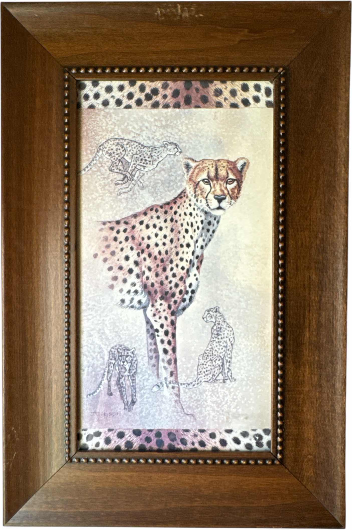 Photo 2 of 2- VINTAGE WOODEN FRAMED CHEETAH PRINT ART BY J GIBSON
W11.5” X L17”