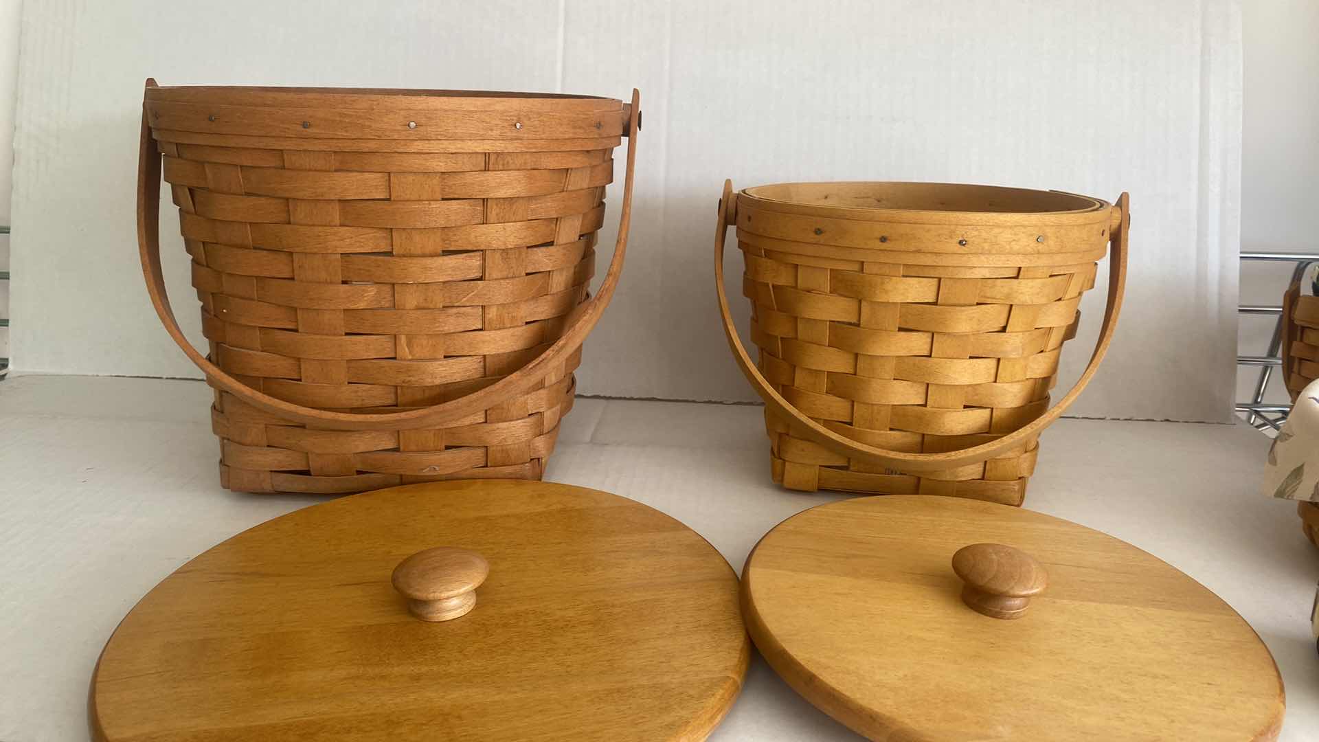 Photo 3 of 2 LONGABERGER  BASKETS WITH WOOD  LID & PLASTIC INSERT LARGEST 9” x 9”