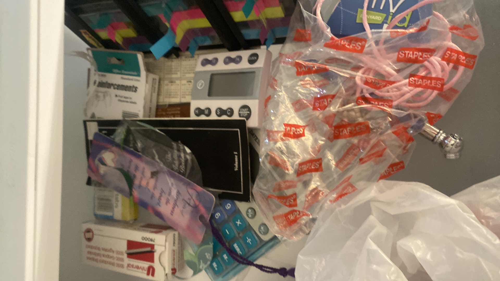 Photo 1 of 6 DRAWER PLASTIC STORAGE WITH OFFICE SUPPLIES ON SMALL CARPET DOLLIE