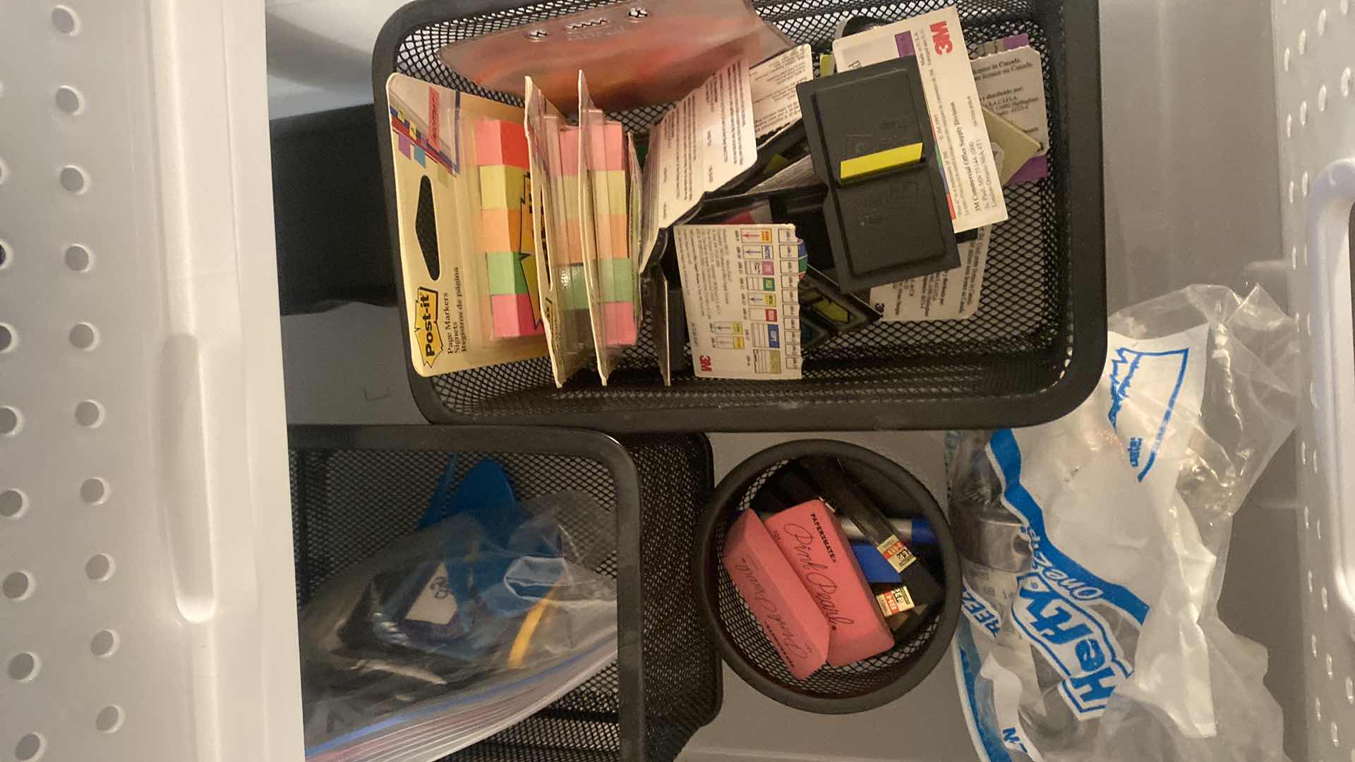 Photo 1 of 6 DRAWER PLASTIC STORAGE WITH OFFICE SUPPLIES ON SMALL CARPET DOLLIE