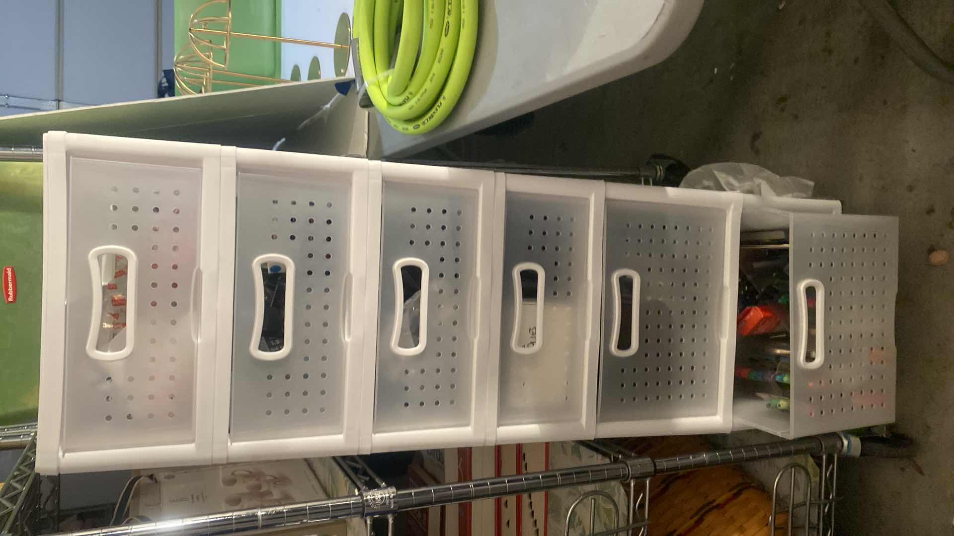 Photo 1 of 6 DRAWER PLASTIC STORAGE WITH OFFICE SUPPLIES ON SMALL CARPET DOLLIE