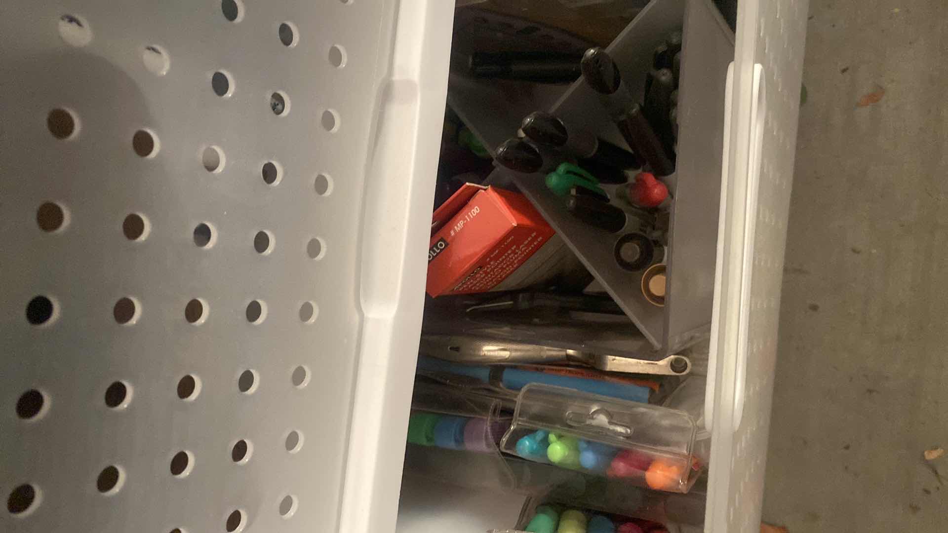 Photo 1 of 6 DRAWER PLASTIC STORAGE WITH OFFICE SUPPLIES ON SMALL CARPET DOLLIE