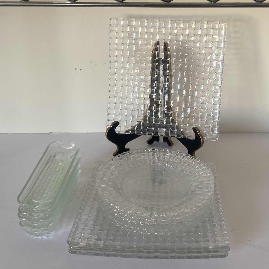 Photo 1 of 4 SQUARE GLASS  DINNER PLATES, 6 ROUND SALAD PLATES & 4 CORN ON COB PLATES