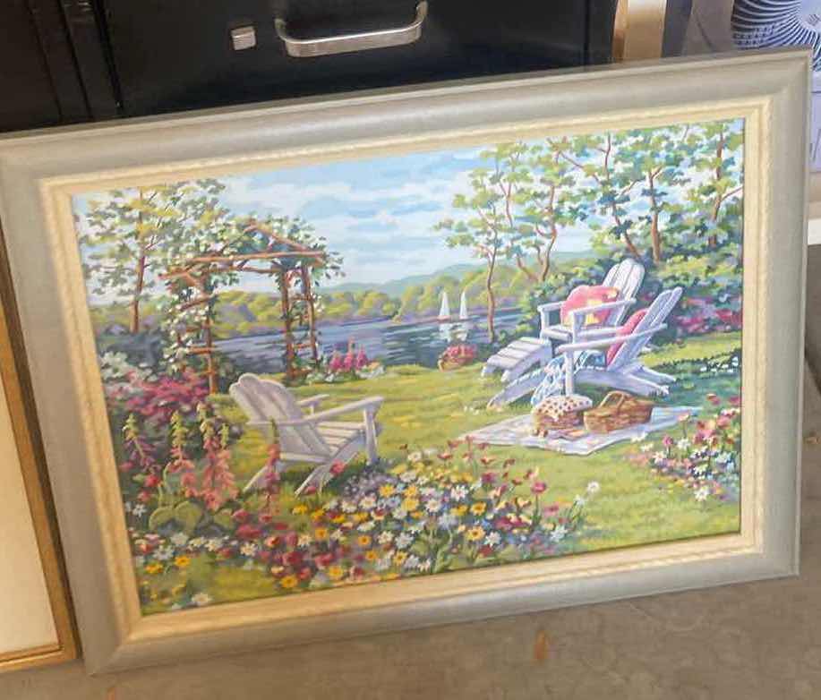 Photo 1 of 3 FRAMED ARTWORK TRAIN, GARDEN & NEEDLEPOINT CAT(LARGEST 23“ x 20“