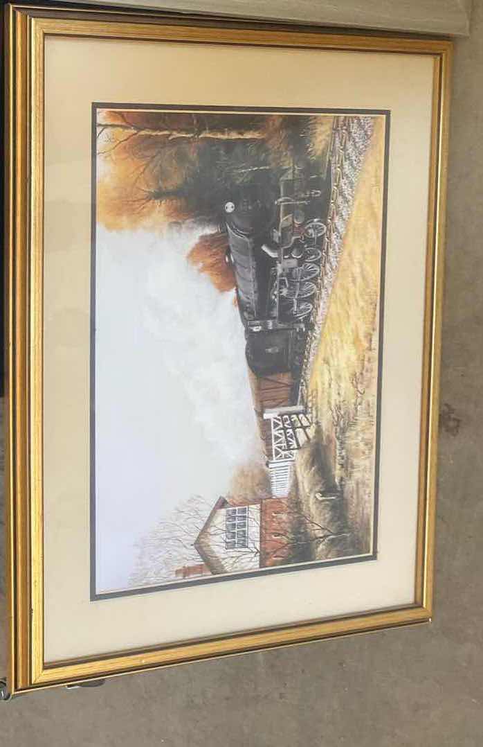 Photo 1 of 3 FRAMED ARTWORK TRAIN, GARDEN & NEEDLEPOINT CAT(LARGEST 23“ x 20“