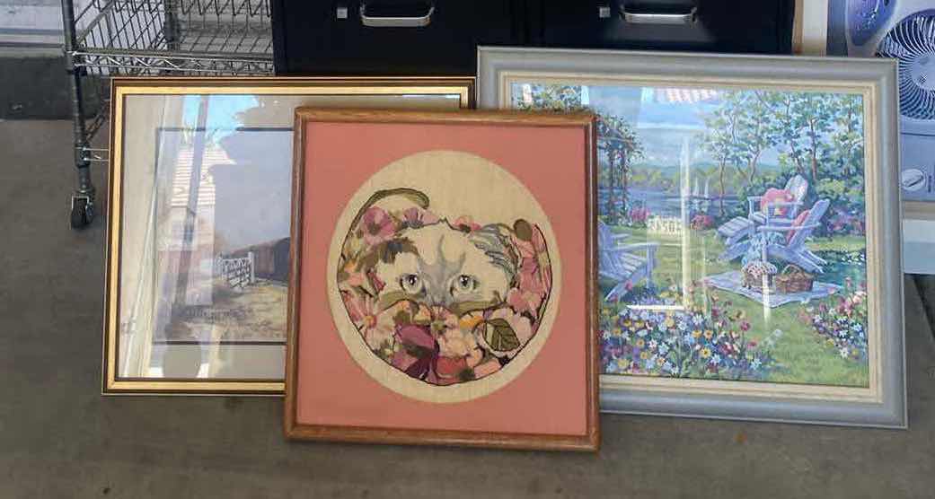 Photo 1 of 3 FRAMED ARTWORK TRAIN, GARDEN & NEEDLEPOINT CAT(LARGEST 23“ x 20“