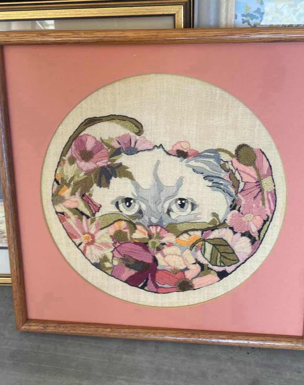 Photo 1 of 3 FRAMED ARTWORK TRAIN, GARDEN & NEEDLEPOINT CAT(LARGEST 23“ x 20“