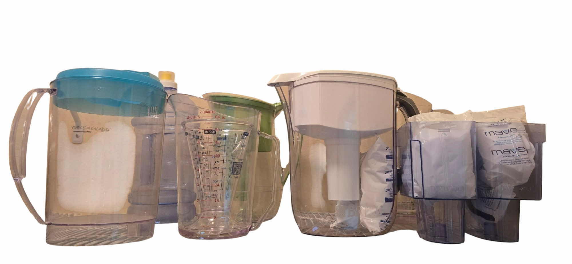 Photo 1 of 5 PLASTIC PITCHERS & 2 PITCHER INSERTS WITH FILTERS