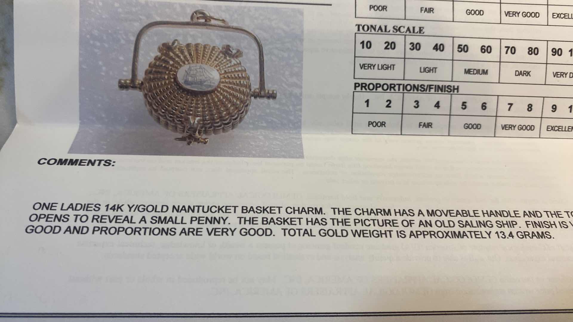 View 7 of 14K YELLOW GOLD 13.4 GRAMS BASKET CHARM FROM NANTUCKET WITH APPRAISAL FROM AUGUST 2005 - FINE JEWELRY