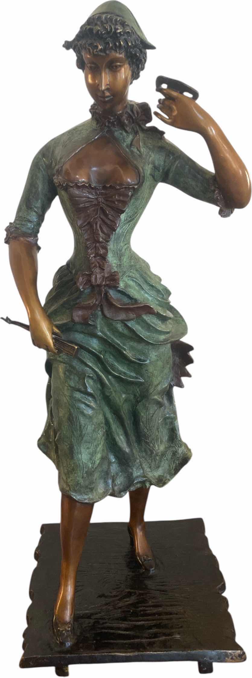 Photo 1 of ANTIQUE BRONZE STATUE “WOMAN WITH MASK” BY PAUL DUBOIS (1829-1905) FRENCH SCULPTOR &amp; PAINTER 11” x 31”