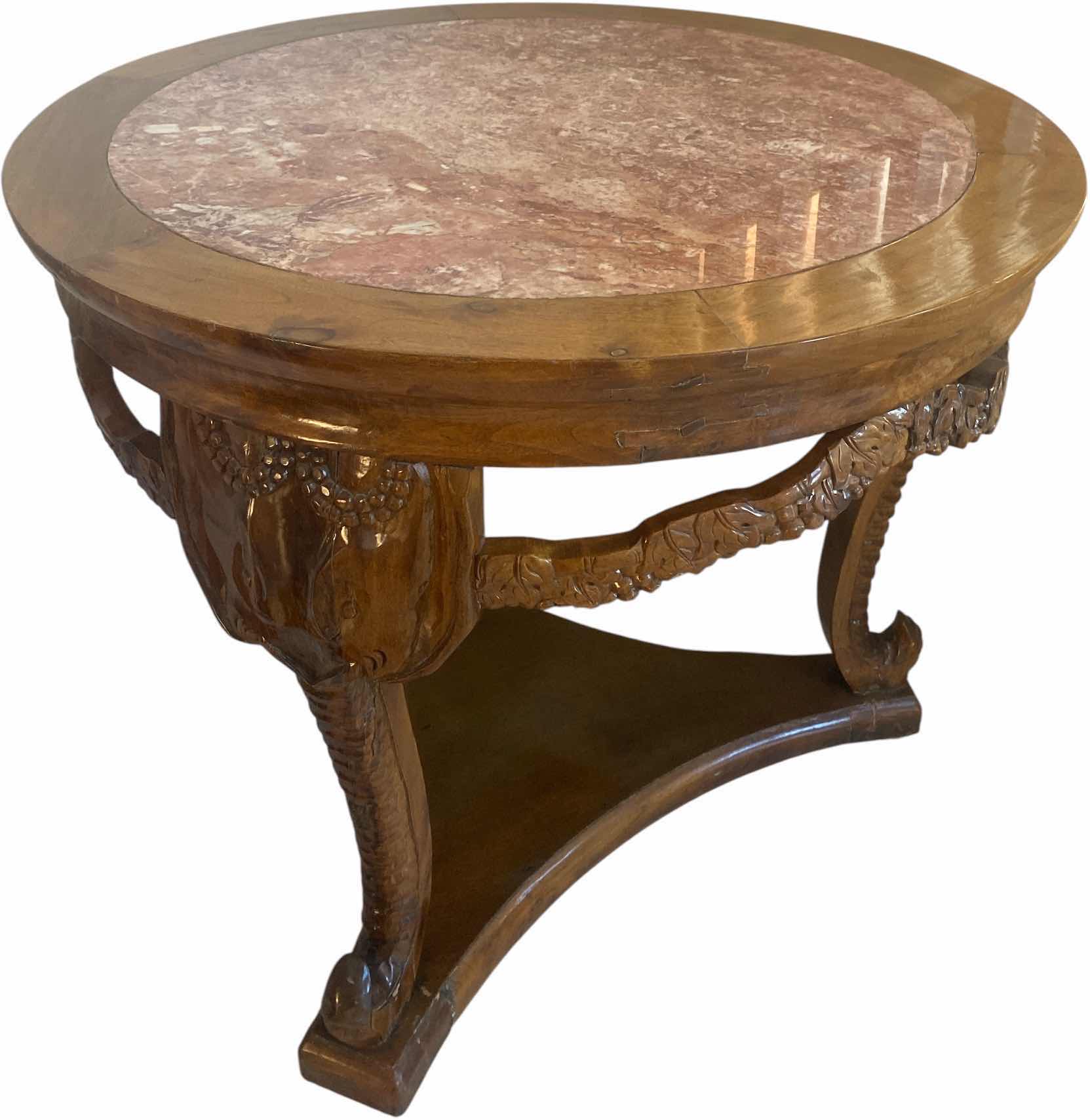 Photo 1 of 36” ORNATE VINTAGE WOOD TABLE WITH MARBLE TOP & ELEPHANT CARVING H31”