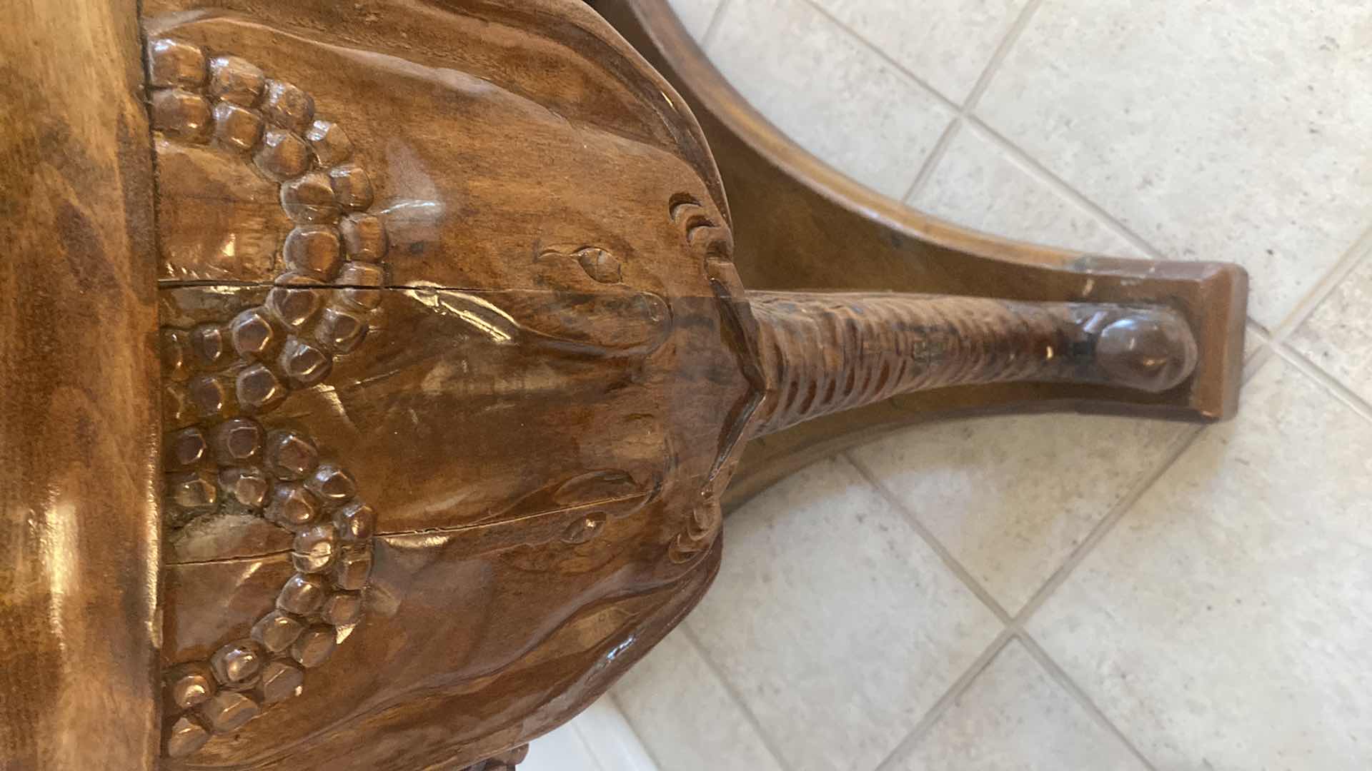 Photo 4 of 36” ORNATE VINTAGE WOOD TABLE WITH MARBLE TOP & ELEPHANT CARVING H31”