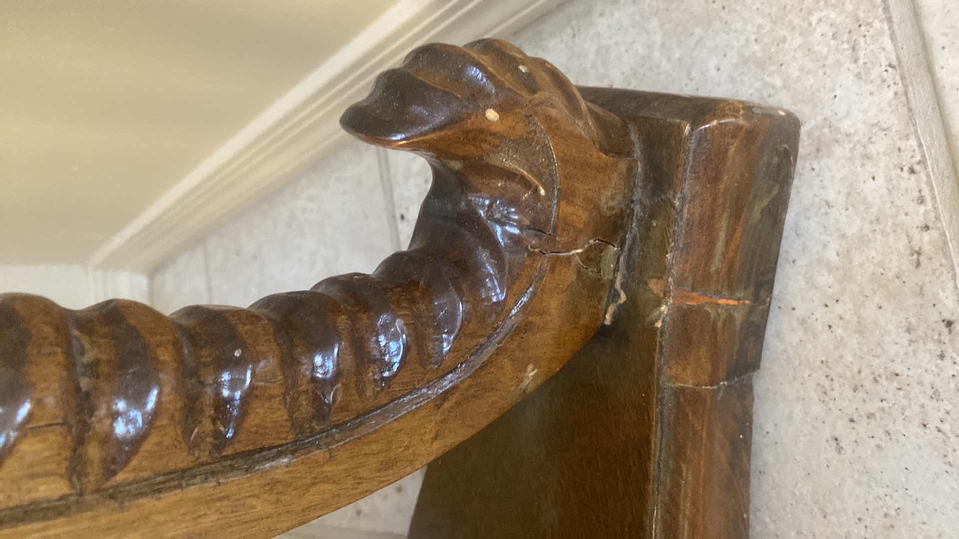 Photo 6 of 36” ORNATE VINTAGE WOOD TABLE WITH MARBLE TOP & ELEPHANT CARVING H31”