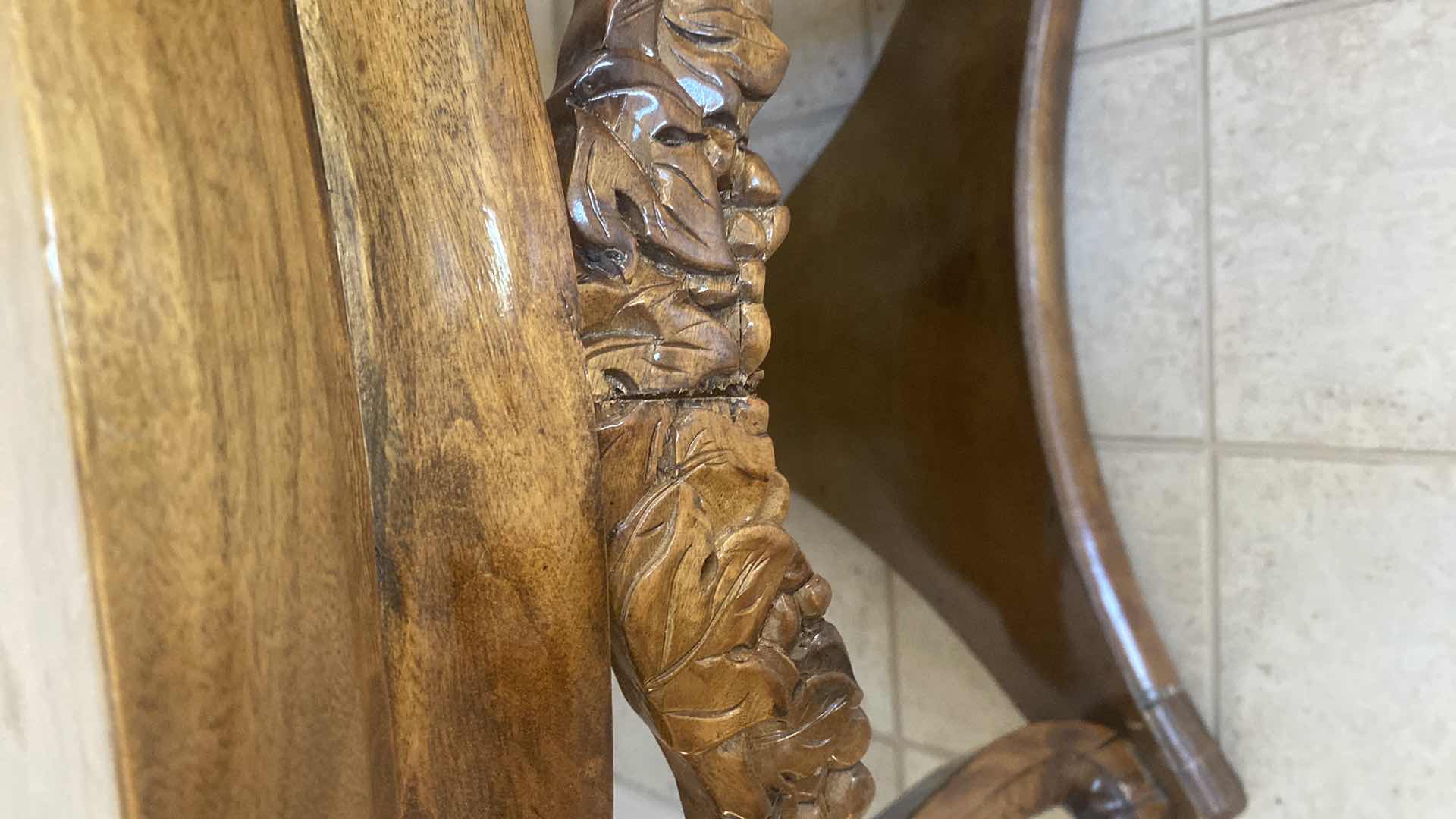 Photo 3 of 36” ORNATE VINTAGE WOOD TABLE WITH MARBLE TOP & ELEPHANT CARVING H31”