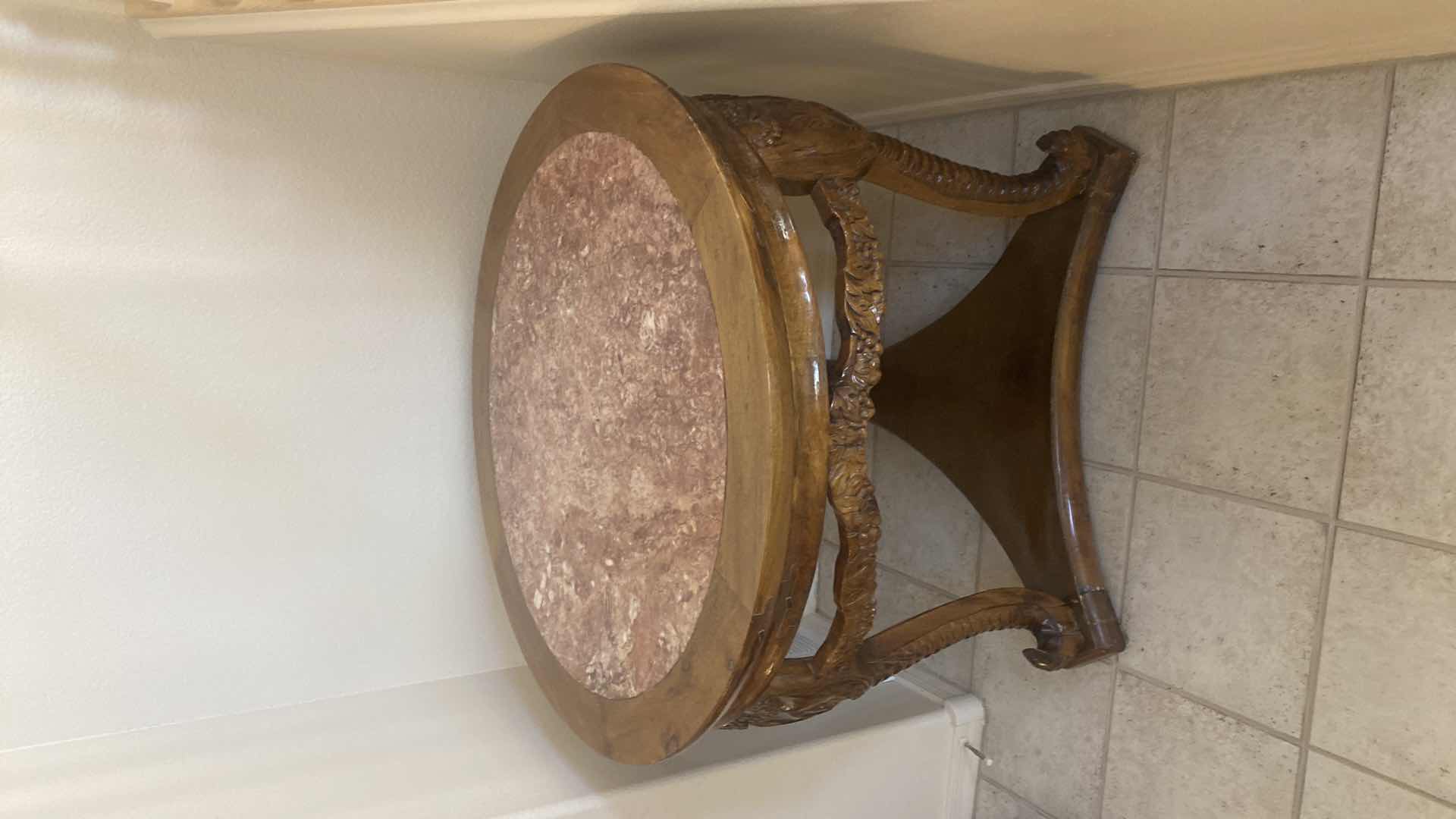 Photo 1 of 36” ORNATE VINTAGE WOOD TABLE WITH MARBLE TOP & ELEPHANT CARVING H31”