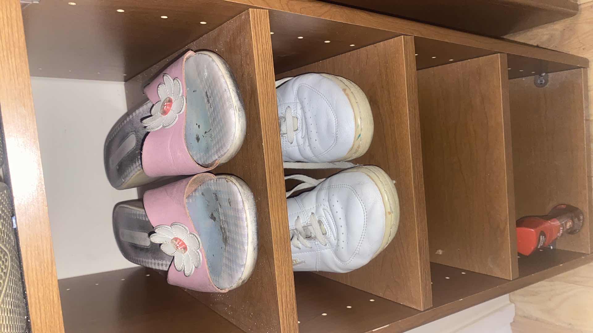 Photo 1 of 7 PAIRS WIMENS SIZE 9 SHOES & 2 PRESSBOARD STORAGE UNITS EACH 11 1/2“ x 14 1/2“ H41”