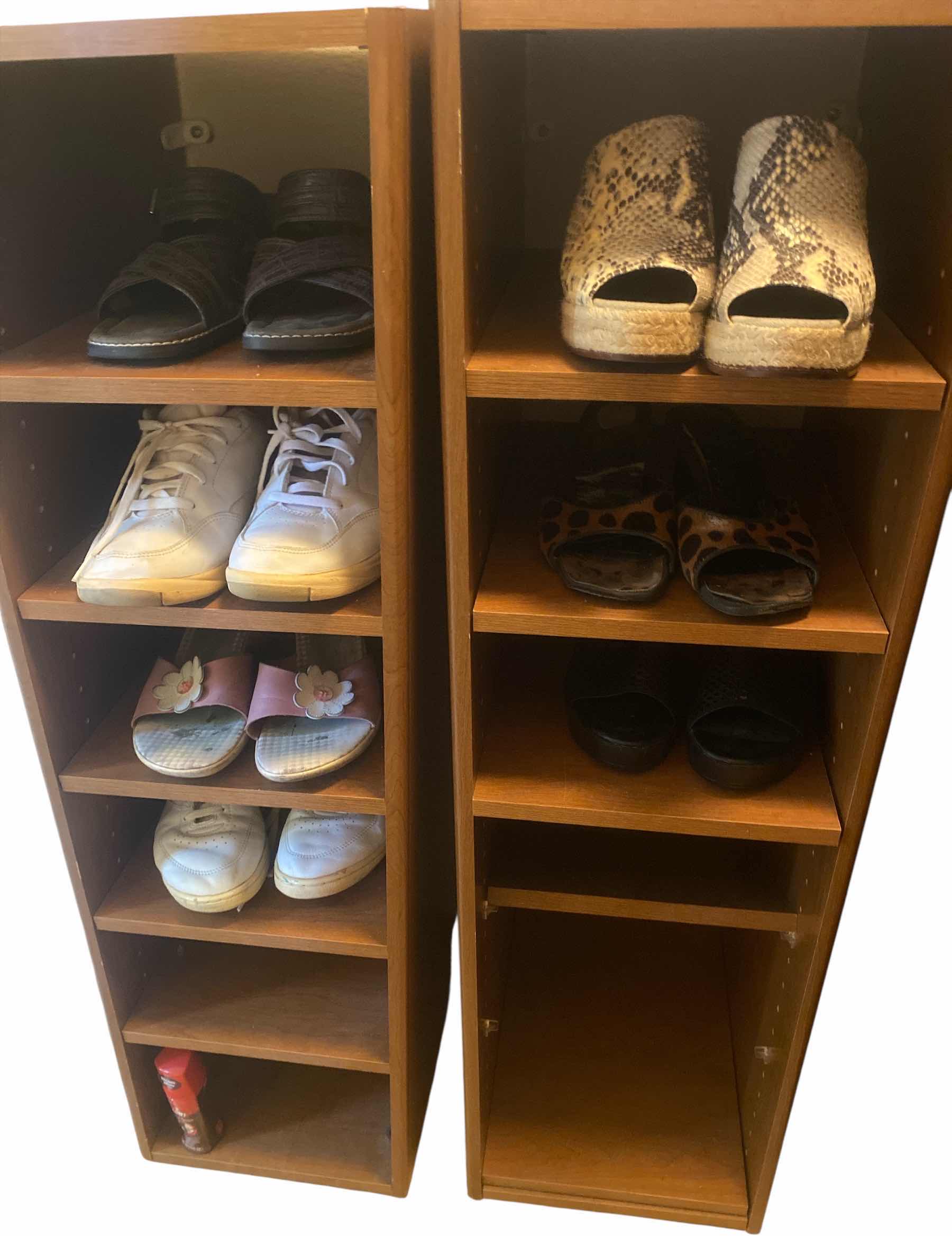 Photo 1 of 7 PAIRS WIMENS SIZE 9 SHOES & 2 PRESSBOARD STORAGE UNITS EACH 11 1/2“ x 14 1/2“ H41”