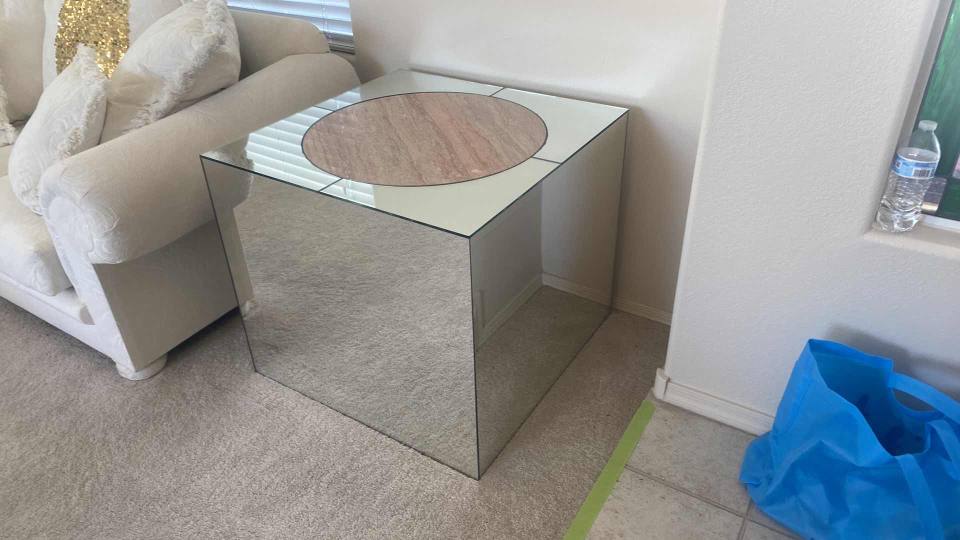 Photo 1 of MIRRORED END TABLE WITH MARBLE & GLASS TOP 30” x 30” H 26 1/2”