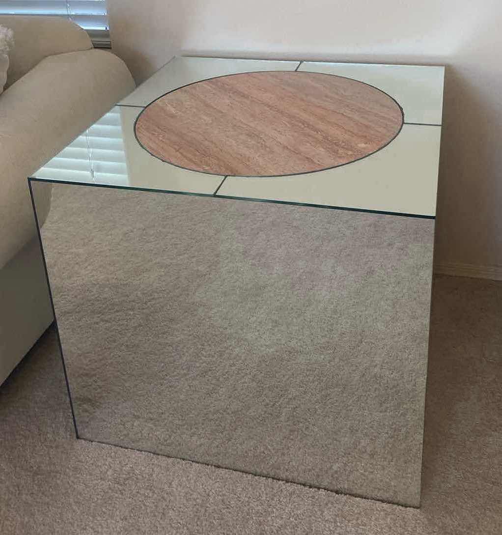 Photo 1 of MIRRORED END TABLE WITH MARBLE & GLASS TOP 30” x 30” H 26 1/2”
